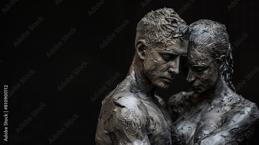 On a black background, a muscular man and his gorgeous wife, entwined with clay, open their hearts to each other, embodying an amazing story of passion. On a black background, a muscular man and his gorgeous wife, entwined with clay, open their hearts to each other, embodying an amazing story of passion.