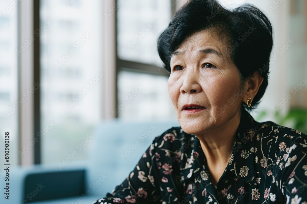 An older Asian woman, possibly a grandmother, sitting in a chair and looking towards the camera. Fictional Character Created By Generative AI. An older Asian woman, possibly a grandmother, sitting in a chair and looking towards the camera. Fictional Character Created By Generative AI.