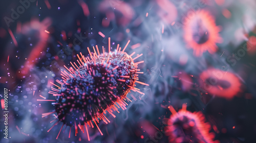 Microphotography 3d rendering of virus cells or germs microorganism cells, realistic super macro photo concept art, abstract background.