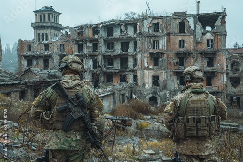 Two armed soldiers patrolling in front of a severely bombed and destroyed historical building © Larisa AI