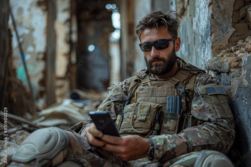 A serious-looking soldier with a smartphone among the ruins, still in full combat gear A serious-looking soldier with a smartphone among the ruins, still in full combat gear