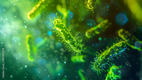 Microphotography 3d rendering of virus cells or germs microorganism cells, realistic super macro photo concept art, abstract background.