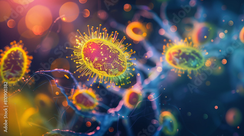 Microphotography 3d rendering of virus cells or germs microorganism cells, realistic super macro photo concept art, abstract background.
