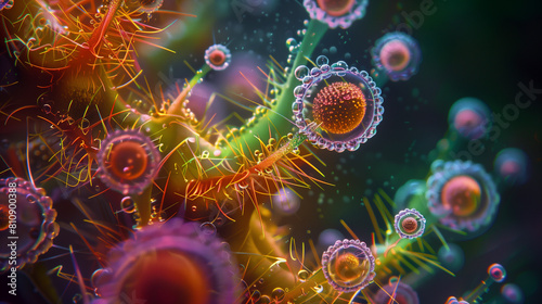 Microphotography 3d rendering of virus cells or germs microorganism cells, realistic super macro photo concept art, abstract background.