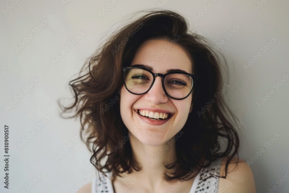 Smiling woman with glasses and curly hair posing for a photo Fictional Character Created By Generative AI. Smiling woman with glasses and curly hair posing for a photo Fictional Character Created By Generative AI.