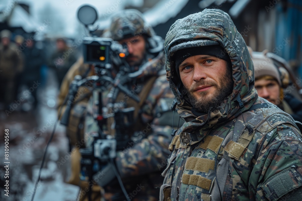 Close-up of an intent soldier in combat gear with a film crew in the background Close-up of an intent soldier in combat gear with a film crew in the background