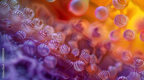 Microphotography 3d rendering of virus cells or germs microorganism cells, realistic super macro photo concept art, abstract background.