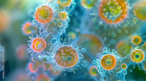 Microphotography 3d rendering of virus cells or germs microorganism cells, realistic super macro photo concept art, abstract background.