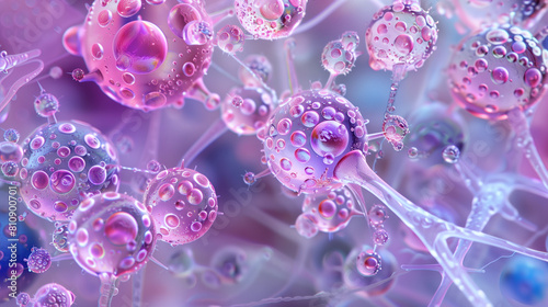 Microphotography 3d rendering of virus cells or germs microorganism cells, realistic super macro photo concept art, abstract background.