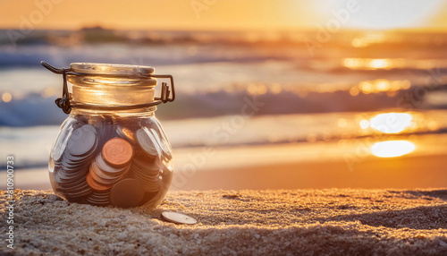 Saving money for vacation, jar of coins with beach in the background