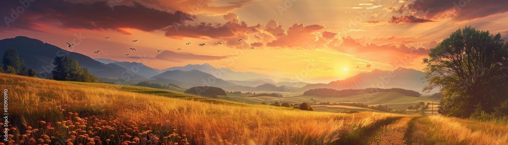 landscape with a field on sunset banner