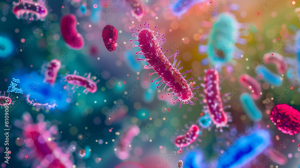 Microphotography 3d rendering of virus cells or germs microorganism cells, realistic super macro photo concept art, abstract background.