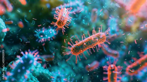 Microphotography 3d rendering of virus cells or germs microorganism cells, realistic super macro photo concept art, abstract background.
