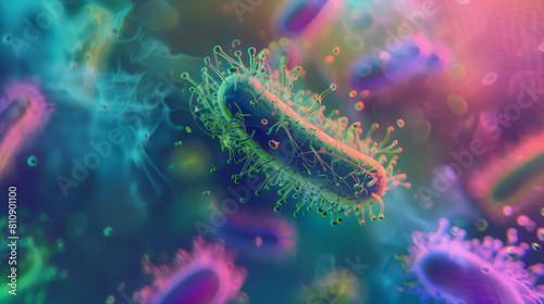Microphotography 3d rendering of virus cells or germs microorganism cells, realistic super macro photo concept art, abstract background.