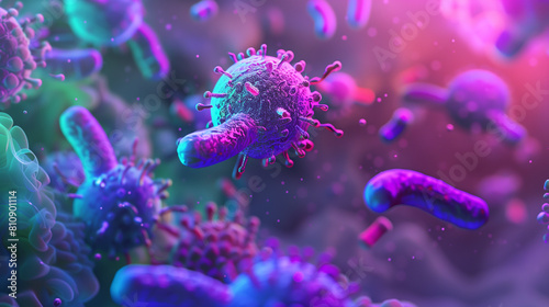 Microphotography 3d rendering of virus cells or germs microorganism cells, realistic super macro photo concept art, abstract background.
