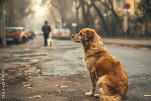 lonely stray dog sitting on a street