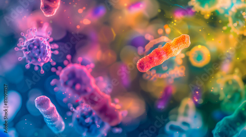 Microphotography 3d rendering of virus cells or germs microorganism cells, realistic super macro photo concept art, abstract background.