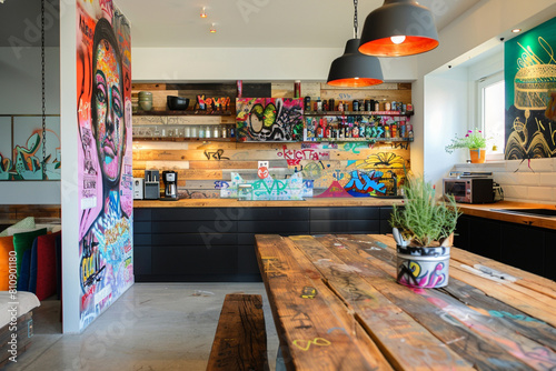 A contemporary Berlin kitchen, featuring clean lines, functional design, a graffiti art splashback, and a communal table made from reclaimed wood, reflecting the city's creative and inclusive spirit.