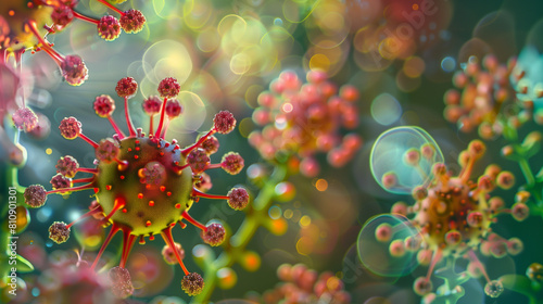 Microphotography 3d rendering of virus cells or germs microorganism cells, realistic super macro photo concept art, abstract background.