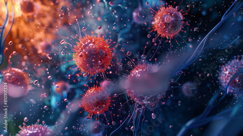 Microphotography 3d rendering of virus cells or germs microorganism cells, realistic super macro photo concept art, abstract background. #810901334