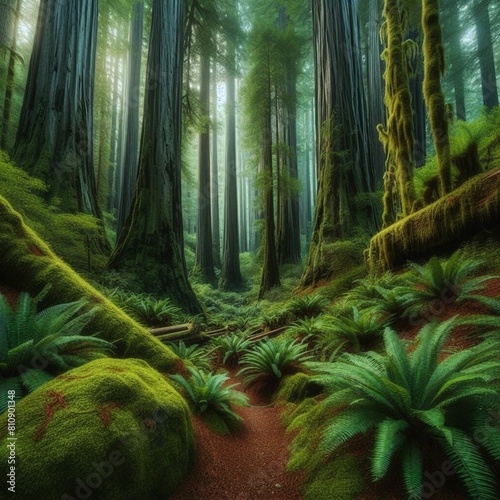 Silent Observers Amidst the serene quietude  the redwoods reach skyward  their bark etched with the history of centuries  as the forest ground teems with life  cushioned by soft moss and delicate fern