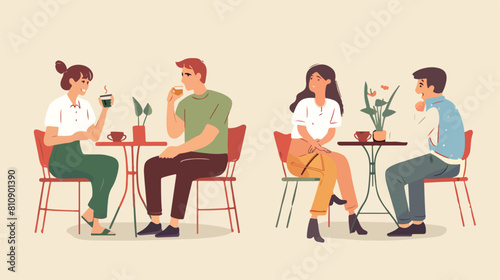 Four of people sitting at tables drinking coffee or t