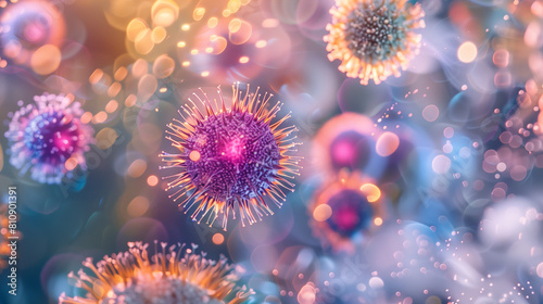 Microphotography 3d rendering of virus cells or germs microorganism cells, realistic super macro photo concept art, abstract background. © Mantas Bac
