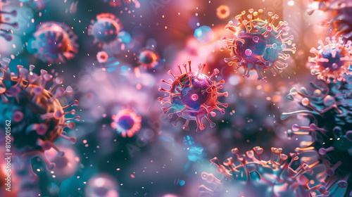 Microphotography 3d rendering of virus cells or germs microorganism cells, realistic super macro photo concept art, abstract background.