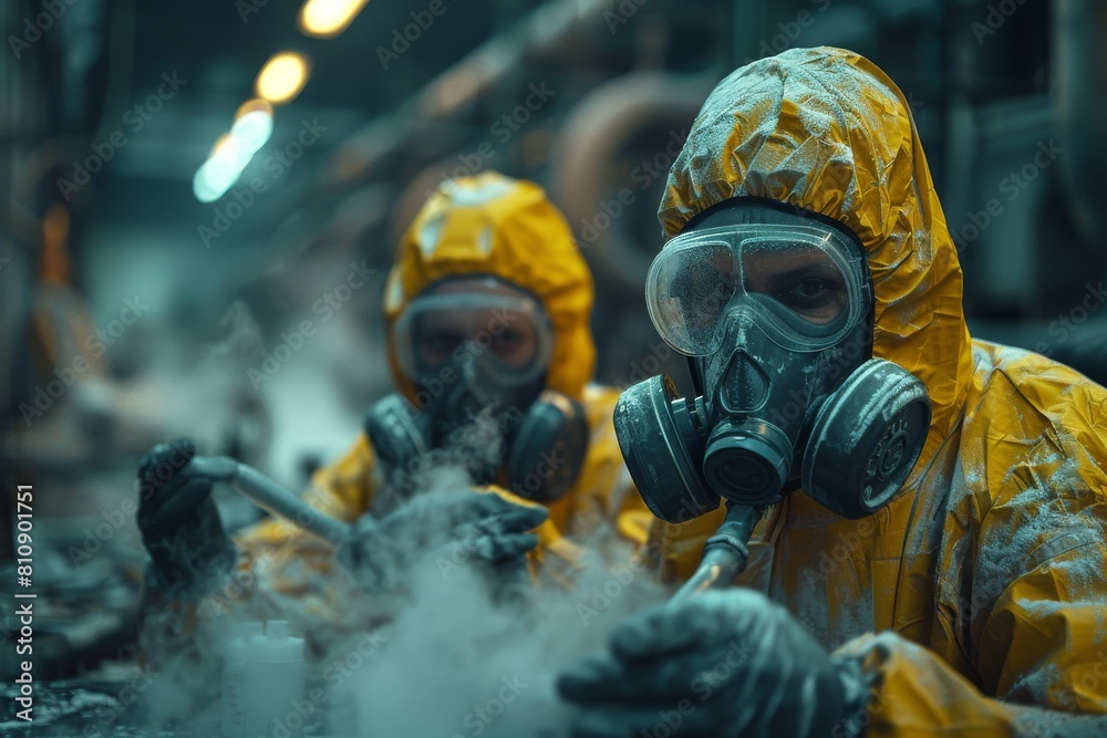 Team in protective hazmat suits handling dangerous substances in a contaminated industrial site Team in protective hazmat suits handling dangerous substances in a contaminated industrial site