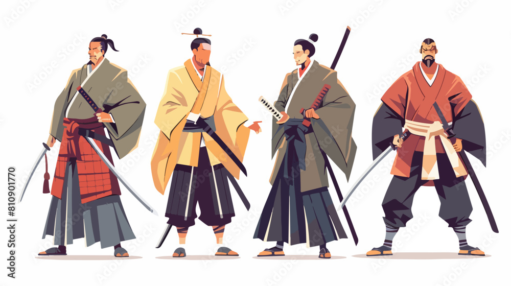 Four of samurai isolated on white background. Four of