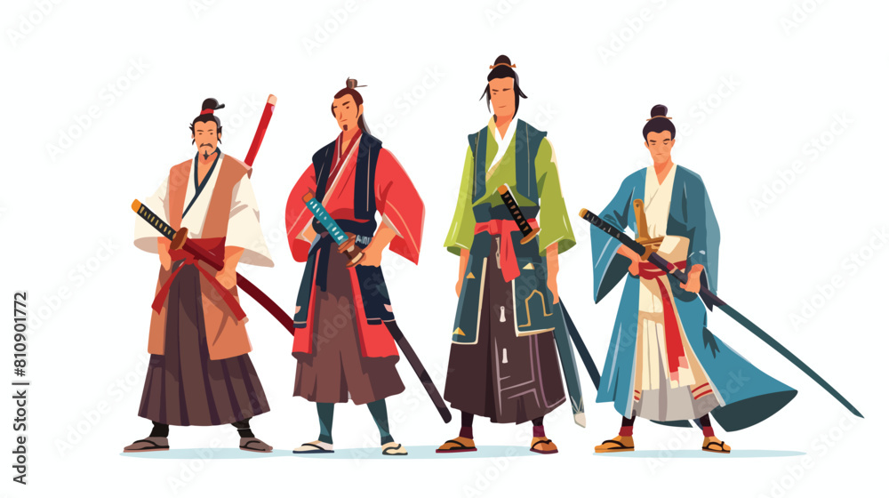 Four of samurai isolated on white background. Four of