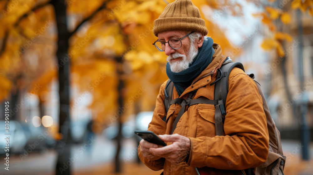 Senior man using health app on smartphone for fitness tracking outdoors