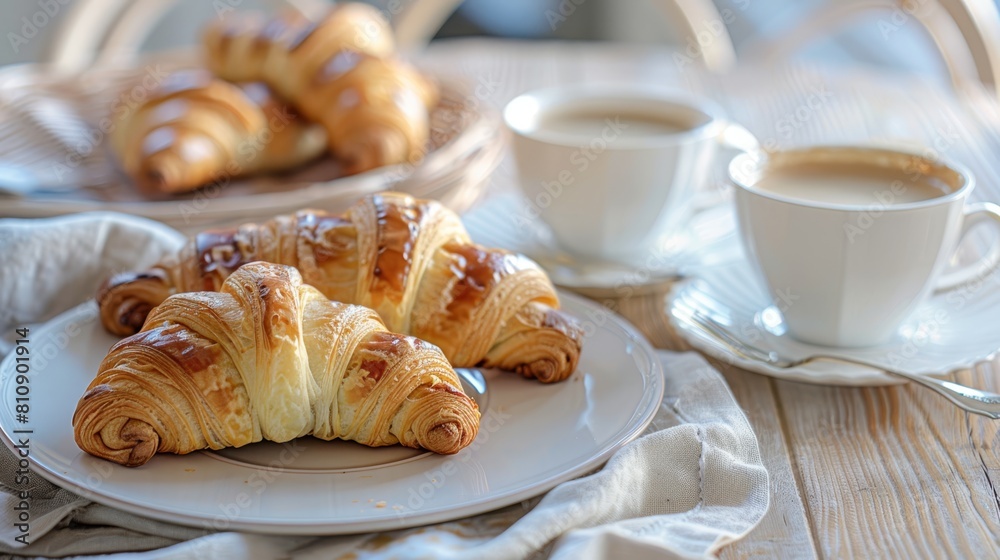 Classic breakfast setup with croissants and coffee, suitable for advertising and lifestyle magazines. Classic breakfast setup with croissants and coffee, suitable for advertising and lifestyle magazines.