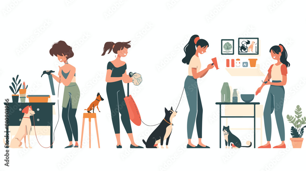 Four of scenes with people grooming dogs and items fo