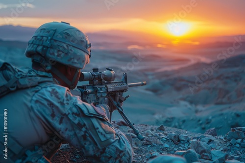 An elite sniper in camouflage lies in wait, focusing through the scope of his rifle at dusk