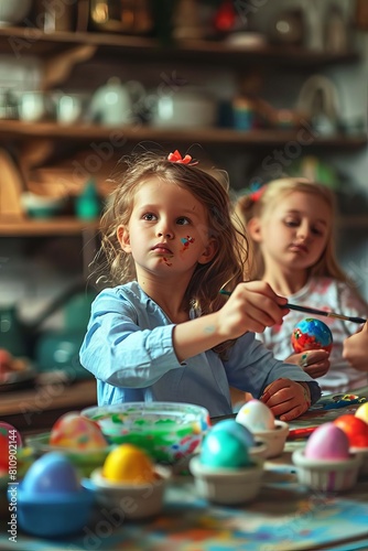 children paint Easter eggs. Selective focus.