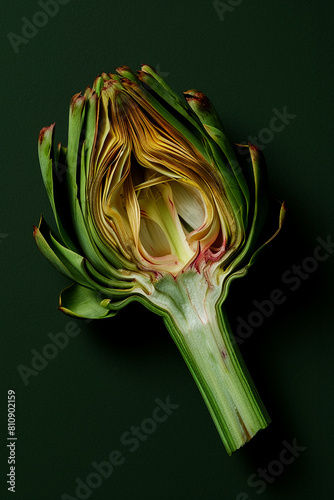artichoke cut in half on a green textured background, macro, close up