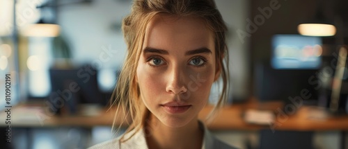 An attractive empowering Caucasian woman stares at the camera and is charmingly smiling. Information Technology Manager, Robotics Engineer, Businesswoman.