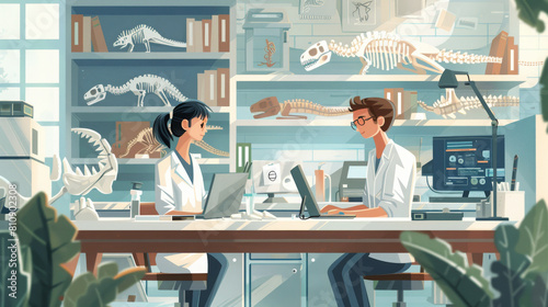Male and female paleontologists analyzing fossils in a modern lab with various dinosaur skeletons