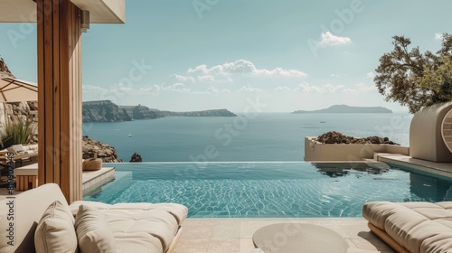 Luxurious infinity pool overlooking a breathtaking seascape, perfect for travel, luxury, and real estate marketing.