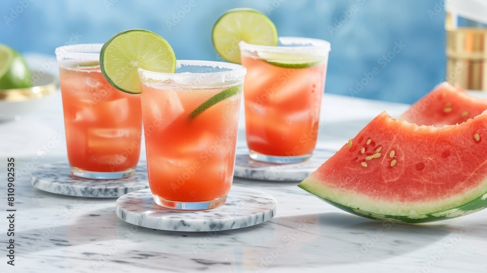 Refreshing watermelon and lime drinks on a summer day, great for food and beverage advertising. Refreshing watermelon and lime drinks on a summer day, great for food and beverage advertising.