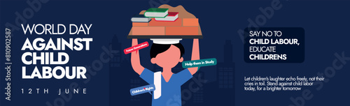 World Day Against Child Labour 12th June cover banner. Child Labour awareness Banner, post to stop children form basic need of education. Theme for 2024 Let's act on our commitments: End Child Labour