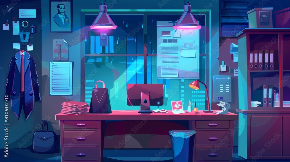 Detective office interior at night with computer on the desk, evidence ...