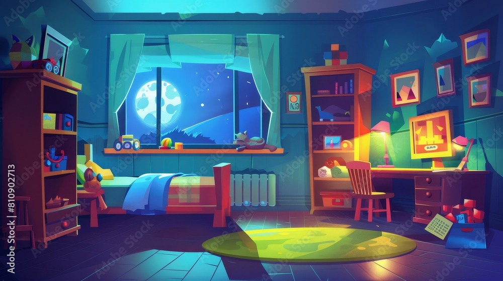 Bedroom interior at night, featuring bed, desk, chair, wardrobe, toys on shelf, carpet on floor, pictures on wall and moonlight shining through window. Bedroom interior at night, featuring bed, desk, chair, wardrobe, toys on shelf, carpet on floor, pictures on wall and moonlight shining through window.
