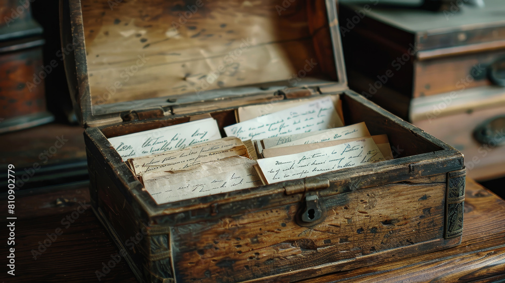 Antique wooden chest open with handwritten letters inside, a glimpse into historical correspondence Antique wooden chest open with handwritten letters inside, a glimpse into historical correspondence