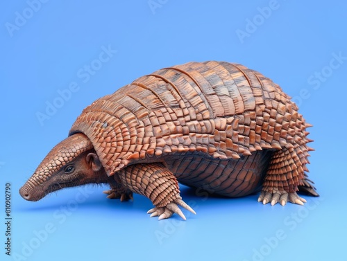 Armadillo Armadillo curled slightly, showing its unique armored shell, side perspective to highlight the texture and segments, isolated on blue screen background.