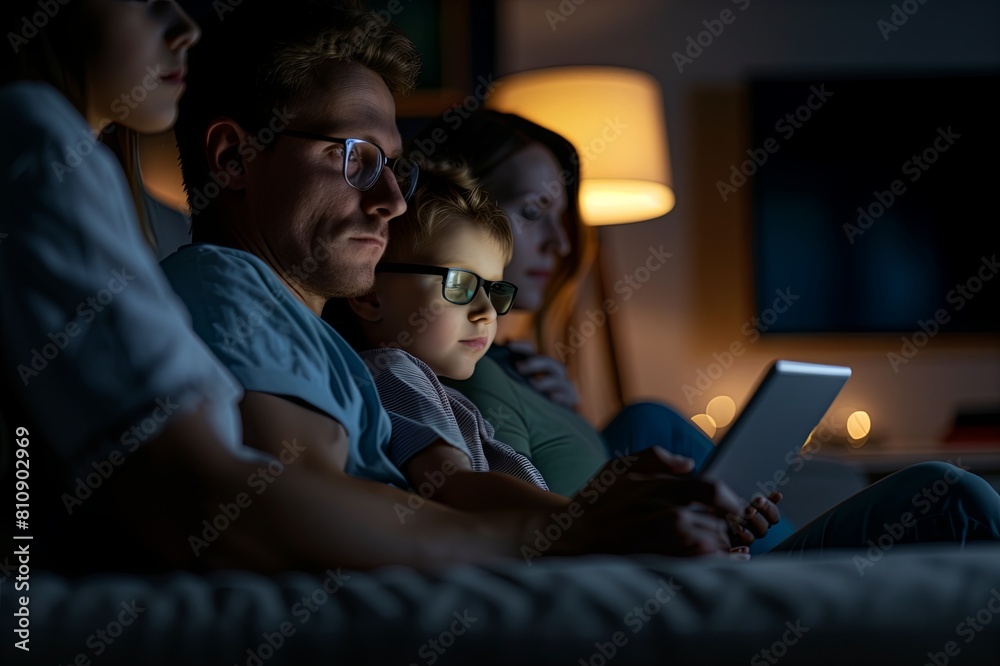 child with tablet and mobile phone in the house in the evening next to his parents child with tablet and mobile phone in the house in the evening next to his parents