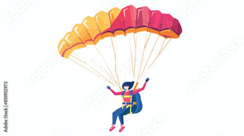 Free fall with parachute of happy woman. Female 