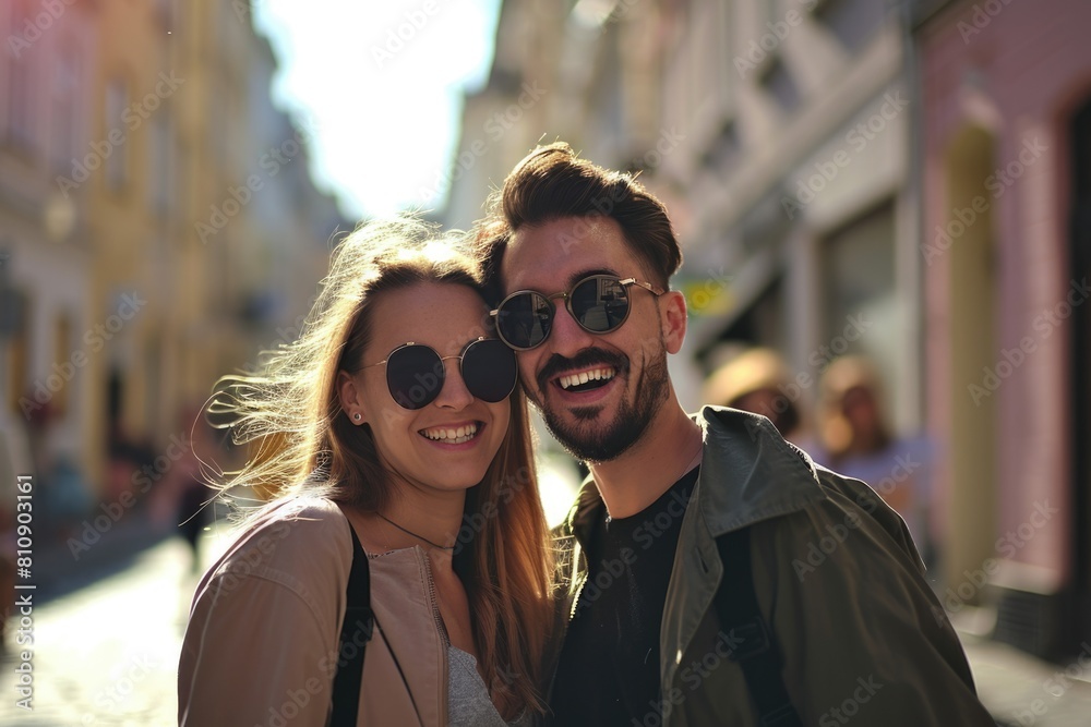A pair of happy people enjoying a sunny day in the city Fictional Character Created By Generative AI. 