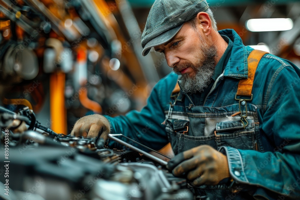 An experienced mechanic works on an engine, displaying skill and precision within an industrial factory setting
